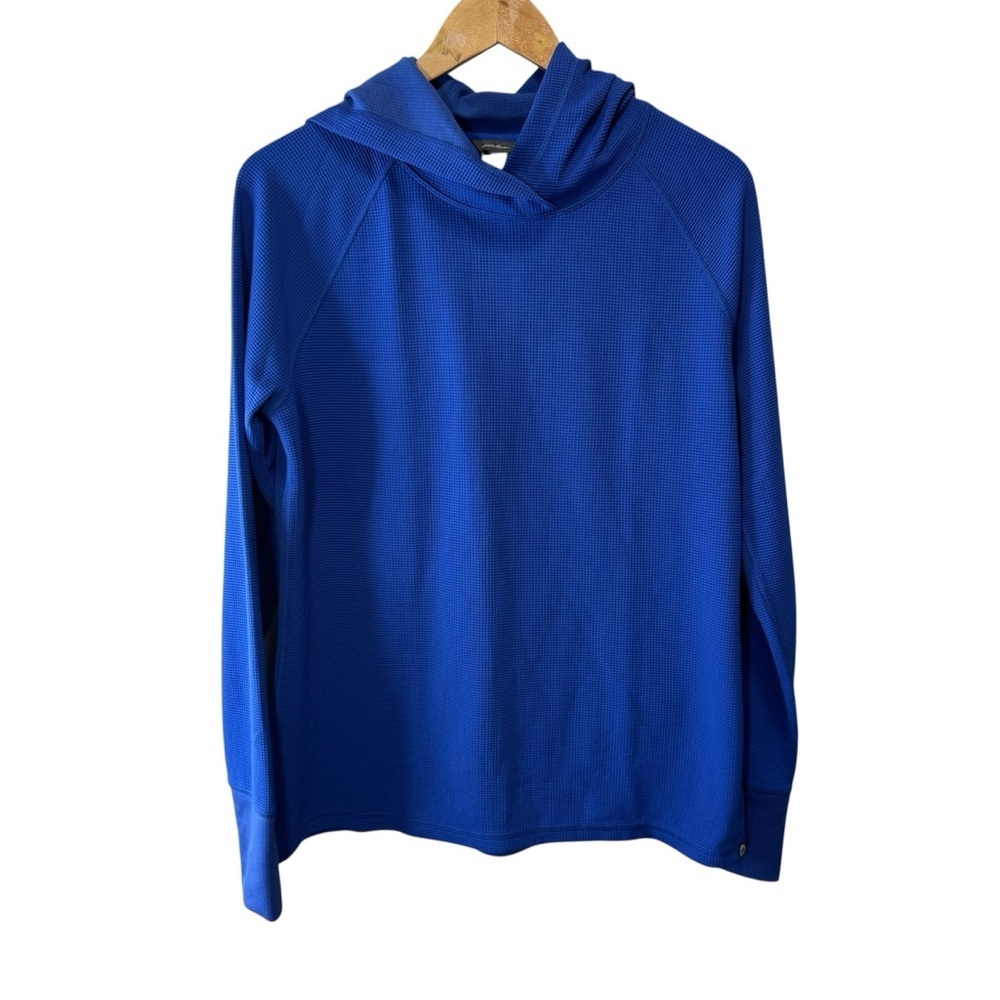 Eddie Bauer Blue Waffle Knit Hooded Long Sleeve Shirt Thumbholes Size Large